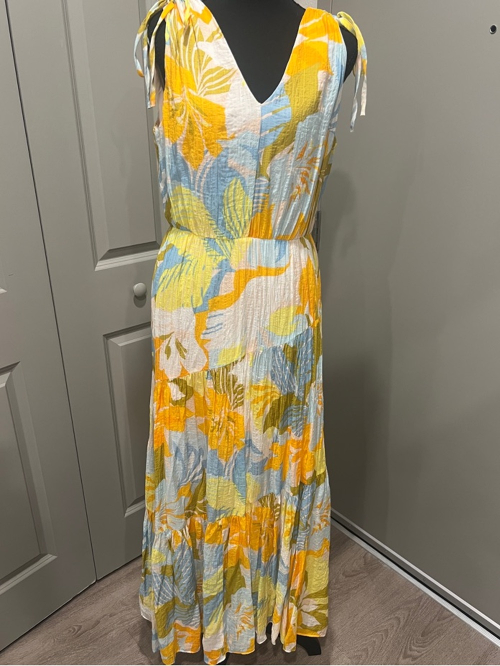 1. State Yellow, Blue & White Floral Tie-Shoulder Maxi Dress